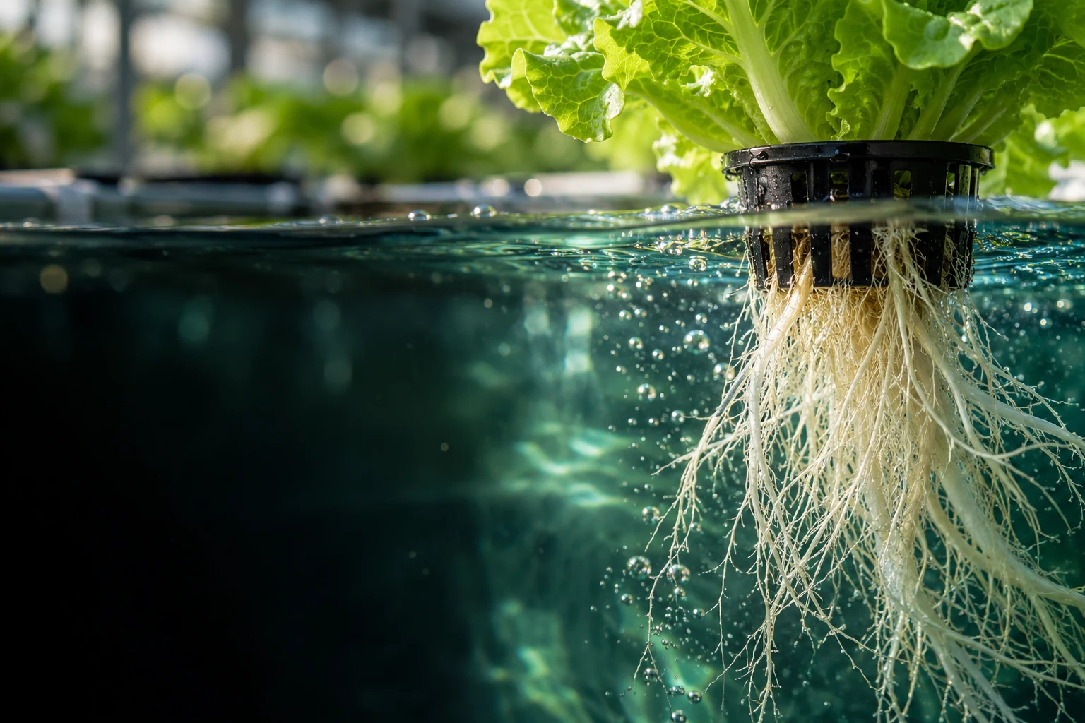 Immagine illustrativa di radici di lattuga immerse in acqua aerata